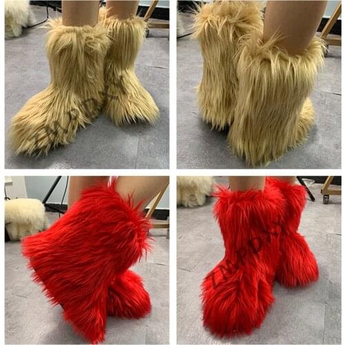 Girls Winter Fluffy Faux Fur Boots Womens Mixed Colour High Snow Boots Ladies Rain Cotton Shoes Warm Plush Platform Boots Hot
