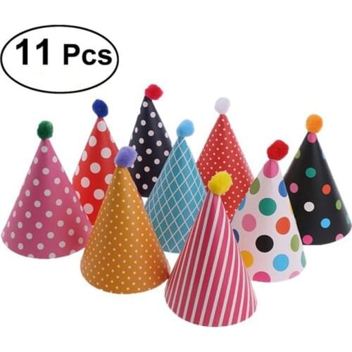 11pcs cute Birthday hat Party Cone Hats cap with Pom birthday event party supplies