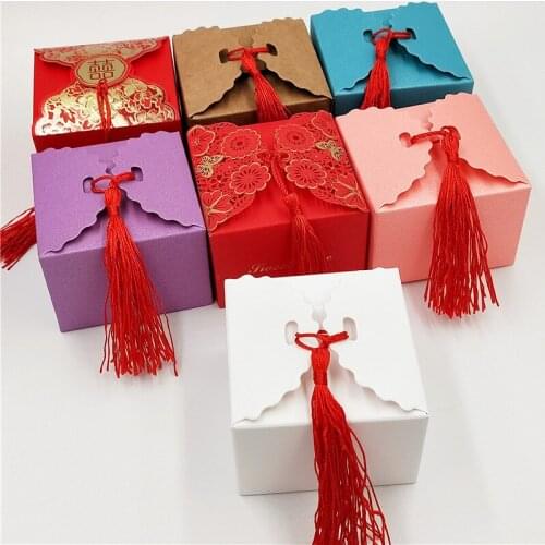 24pcs/lot 9x9x6cm Red Tassel Blue Beads Ribbons Strings Series Colorful Paper Cuboid Gift Jewelry Boxes Wrapping Pack Stand Case