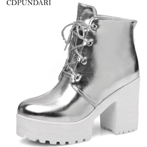 CDPUNDARI Gold Silver High Heels Ankle Boots For Women Platform Boots Ladies Autumn Winter Short Boots Shoes bottines femme