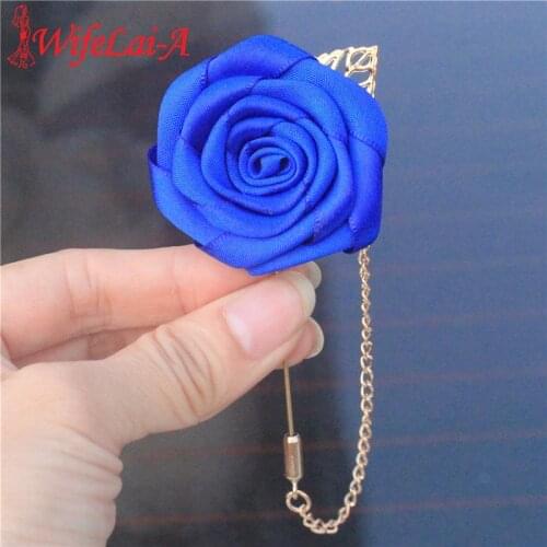Wifelai-a Cheap Royal Blue Satin Flowers Corsage Groom Golden Leaf Chain Bridal Wedding Party Buttonhole Pin Brooches XH1000