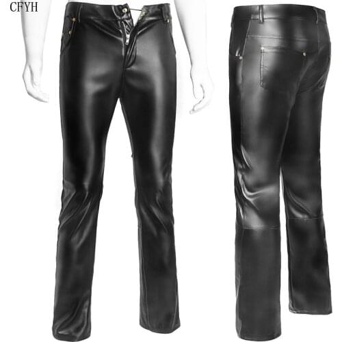 Black Men Long Pants Sexy Faux Leather Zipper Trousers Nightclub Stage Pants Motorcycle Racing Ride Costume Punk Gothic Pants