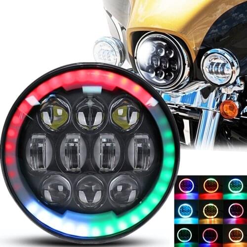 RGB Halo 5 3/4 5.75 inch LED Headlight DRL Bluetooth App For Dyna Softail Sportster Wide Glide Iron 883 Street Bob Low Rider 80W