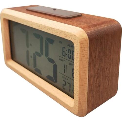 Wooden Digital Alarm Clock,Smart Sensor Night Light with Snooze, Date, Temperature Switchable, Solid Wood Shell