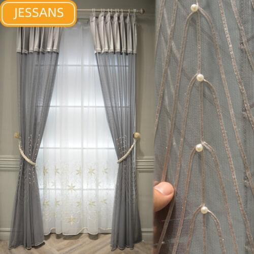 French High-end Lace Stitching Curtains Pearl Window Screens Curtains for Living Room Bedroom Custom Finished Screen Curtains