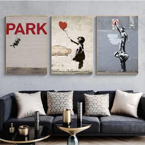 Banksys Graffiti Street Art Abstract Canvas Painting Posters and Prints Girl With Red Balloon Wall Canvas Art Home Decor Black