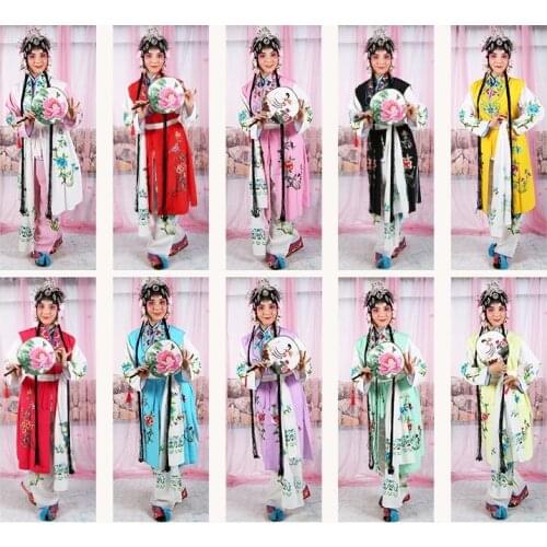 Opera Outfit Jacket + Pants + Waist coat +Waist scarf Girl servant Peking opera stage costume lady flower embroidered long suits