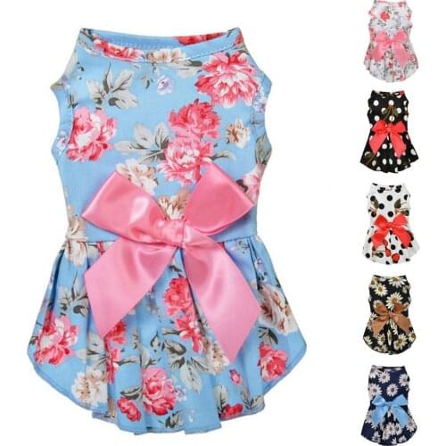 Cute Pet Skirt Floral Pattern Breathable Bowknot Summer Small Floral Princess Dog Dress for Outdoor