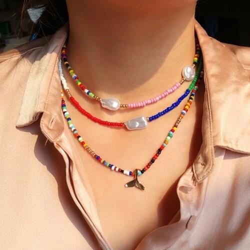 Boho Multilayer Beads Necklace New Design Fashion Simple Hot Selling Ethnic Beach Seed Bead Horn Necklace For Women Jewelry Gift