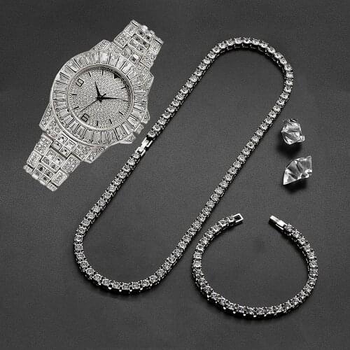 5MM Iced Out Tennis Chain Bracelet Necklace Watch Men Fashion Mens Hip-Hop Jewelry Watch Set Women Choker Necklace Chain Relogio