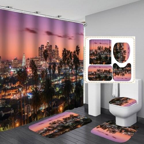 Night Modern City Shower Curtain Sunset Scenery With Non Slip Rug Mat Bathroom Curtain Waterproof Polyester Home Decor 180x180