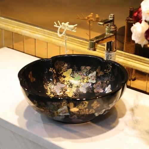 Butterfly pattern Porcelain Bathroom ceramic counter top sink wash basin popular in europe art basin lavabo lavabo art basin