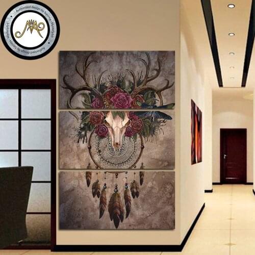 Mystery Skull Dreamcatcher by Sunima-MysteryArt HD print 3 piece canvas art Deer Skull For Living Room Decoration CU-2954C