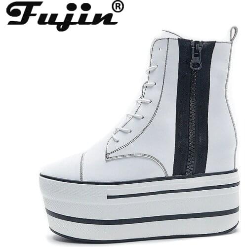 Fujin 10 cm High Top Zipper 2021 Women Boots Genuine Leather Autumn Winter Motorcycle Booties Platform Thick Sole Shoes