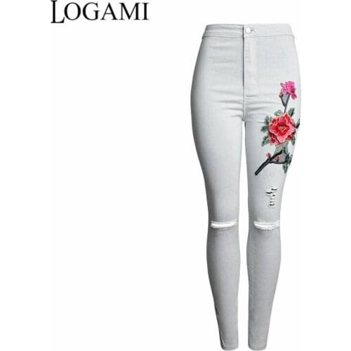 LOGAMI High Waist Jeans Ripped Skinny Embroidered-Jeans With Flowers Woman Denim Pants