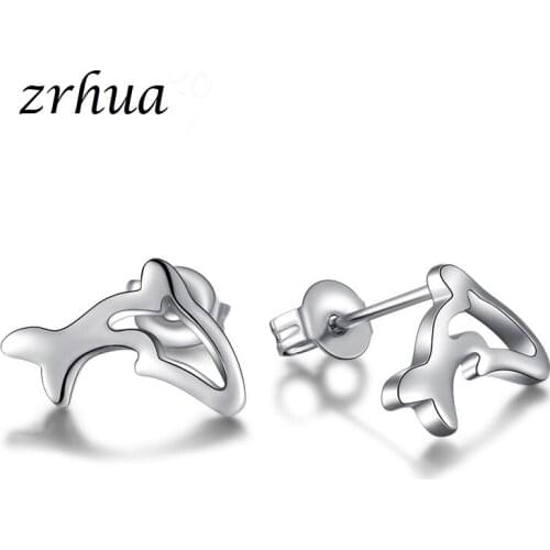 ZRHUA Real Silver Color for Women Cute Animal Dolphin Fish Earrings Fashion Small Stud Earrings for Women Girls Wholesale