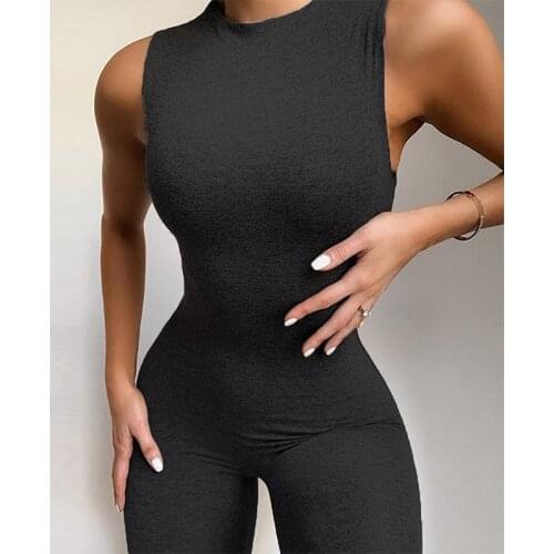 New Black Jumpsuits Women Elegance Elastic Casual Fitness Sporty Rompers Sleeveless O-neck Invisible Zipper Skinny Summer Outfit