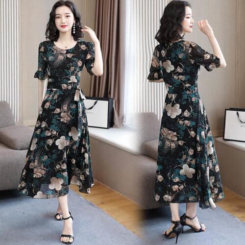 2020 New Summer Women Chiffon Floral Printed Plus Size 4XL Long Dresses Female Casual Half Sleeves Bandage Dresses Vestidos T12