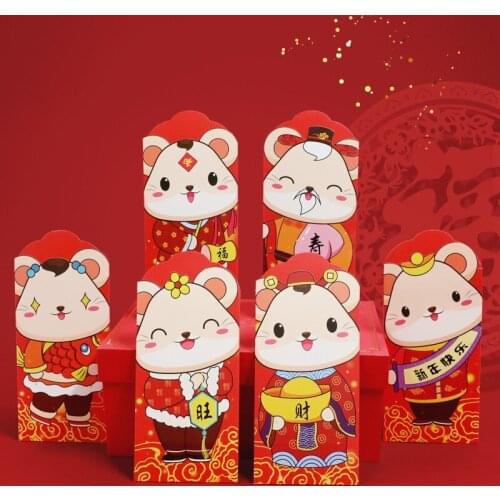 6pcs/set Cartoon Chinese Zodiac Mouse 2020 New Year Spring Festival Traditional Custom Paper Red Envelopes Money Bag Kids Gift