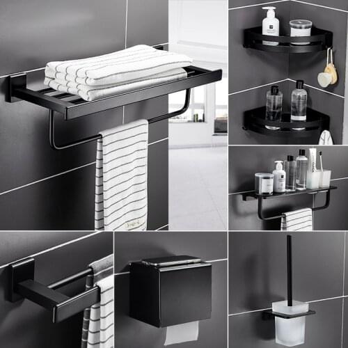 Bathroom Accessories Towel Rack Towel Bar Paper Holder Corner Shelf Toilet Brush holder Robe Hooks Black Bathroom Hardware Set