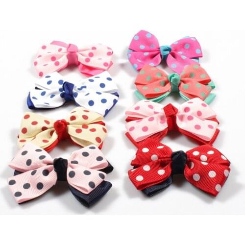 120pcs/lot 3" 9colors Double Grosgrain Dot Ribbon Flower Bows with Clip Kids Girls Organza Hair Bows For Toddle Hair Accessories