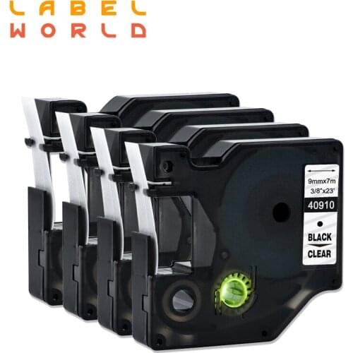 Label World Compatible for Dymo D1 9mm Label Tape 40910 Black on Clear Label Ribbons for Dymo Label Printers 4PACK