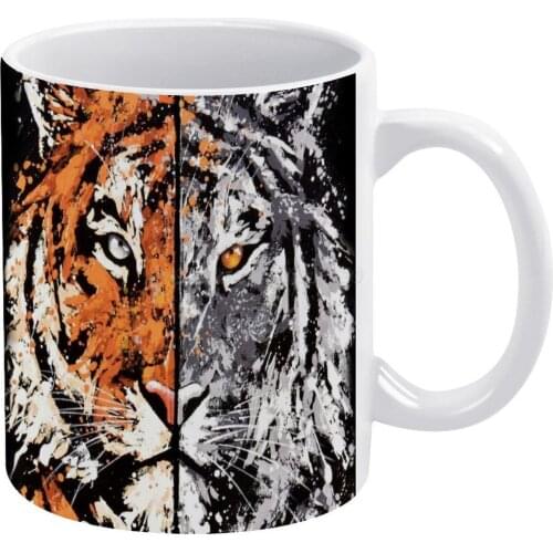 Tiger " Angel And Devil " White Mug White Ceramic Tea Cup Birthday Gift Milk Cups and Mugs Tiger Feline Animal Head Face Angel D