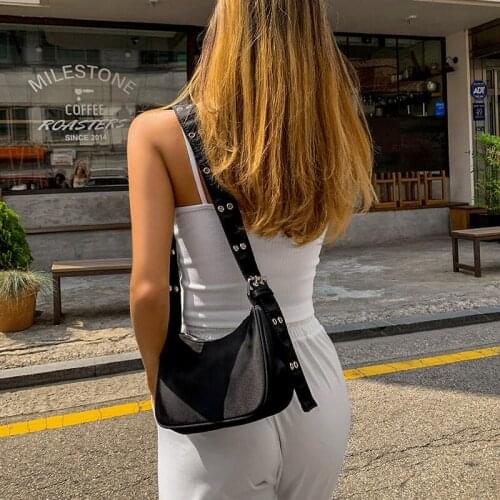 Fashion Ladies Messenger Bags Girls Black Baguette Handbags Vintage Nylon Women Small Shoulder Bag Underarm Bag Clutch Purse