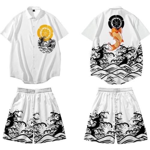 New Digital Printed Carp Pattern Casual Beach Pants Shirt Mens Summer Loose Thin Suit