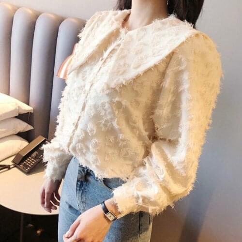 2020 New Spring Womens White Shirts Korean Style Solid Single Breasted Long Sleeve Shirts Female Sweet Slim Fit Tassel Shirts