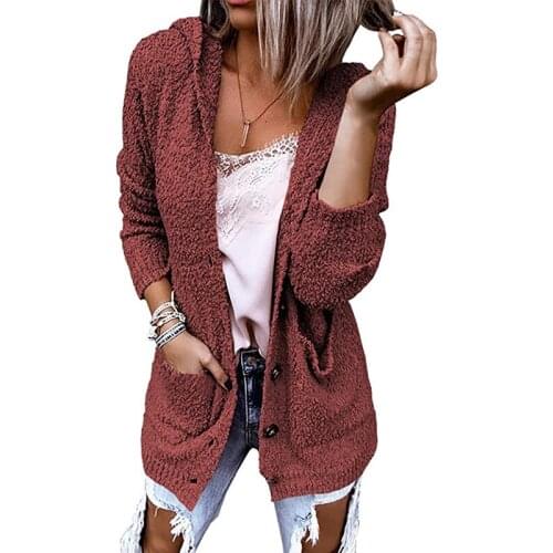 Single-breasted Hooded Sweater Women Cardigan Autumn Winter Fluffy Womens Coat Slim Cardigan Long Women