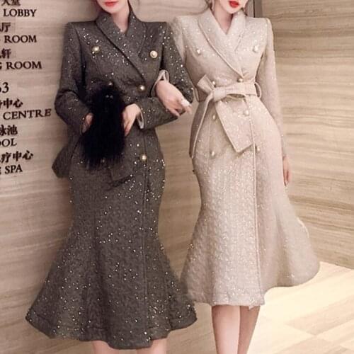 2020 Autumn and Winter New Lapel Long-sleeved Cotton Jacket Double-breasted Popular Sequined Mermaid Lace-up Long Jacket