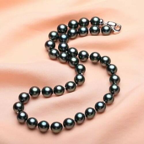 Stunning 11-12mm tahitian round black green pearl necklace 18inch