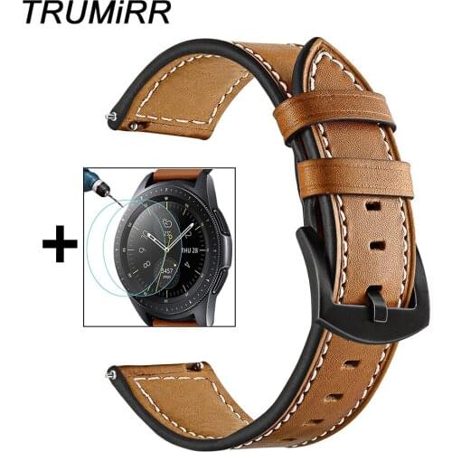 20mm 22mm Genuine Leather Watchband + Screen Protector for Samsung Galaxy Watch 42mm 46mm Band Steel Clasp Strap Wrist Bracelet