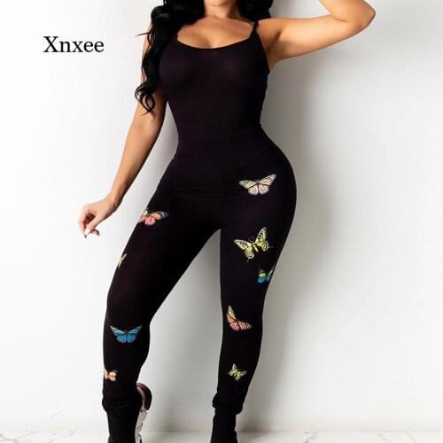 Butterfly Printed Rompers Women 2021 Outfit New Fashion Sexy Spaghetti Strap Bodycon Sexy Jumpsuit Black Party Clubwear Leggings