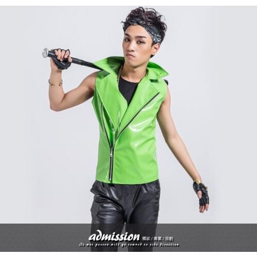 S-XXXL ! 2016 Mens brand Fashion ds costume personalized neon green leather vest fashion male PU leather coat singer costumes