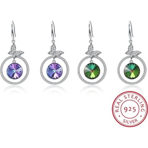 LEKANI Crystal 925 Sterling Silver Women Earring Fine Jewelry Crystal Butterfly Drop Earring for Party Brincos