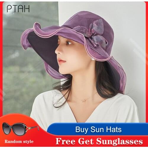[PTAH] 2021 Summer New 100% Mulberry Silk Hat Womens Sun Protection Cap UPF 50+ Breathable Lightweigh Hat Female Not Polyester