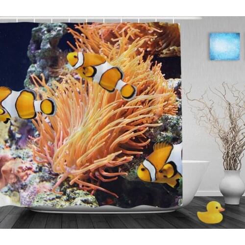 Sea Anemone Clownfish Bathroom Shower Curtain Sea Creatures Shower Curtains Polyester Fabric With Hooks