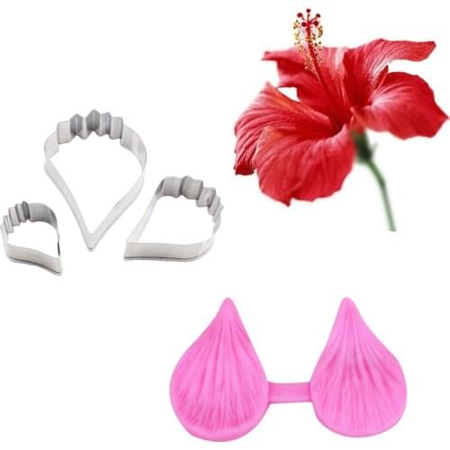 Hibiscus Flower Petal Veiner Silicone Molds Stainless Steel Cutter Mold Gumpaste Surgarcraft Fondant Cake Decorating Tool CS225