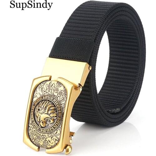 SupSindy Mans nylon belt luxury gold Lions metal automatic buckle Canvas Belts for men fashion jeans Waistband black male strap