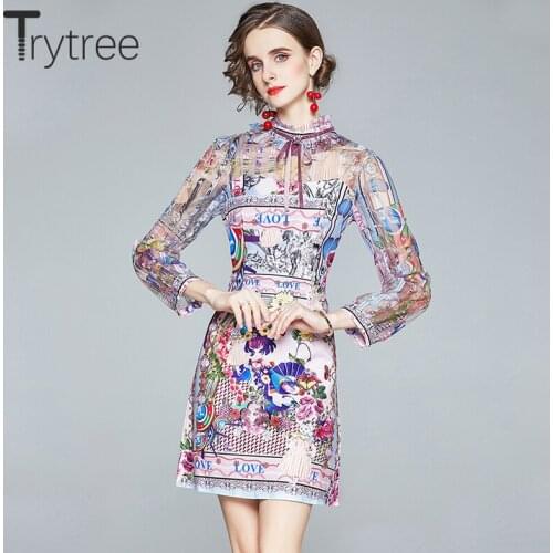Trytree 2021 Spring Summer Womens Dress Casual Ruffled Bow Patchwork Voile Sleeves Patchwork Printed Elegant High Street Dress