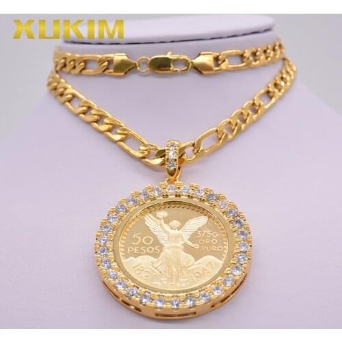 CP01 Xukim Jewelry Gold Coin Pendant Mexican Pesos Coin Bezel Silver Rose Gold Pendant Necklace