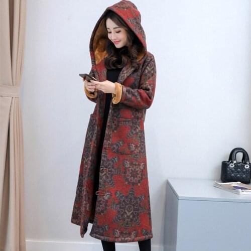 Cotton Padded Womens LongLength Thickened Chinese Style Buckle Retro Hooded Jacket for Women