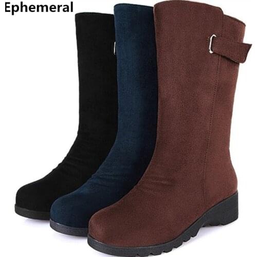Ladies Thick Bottom Boots Mid Calf Winter Motorcycle Booty With Buckle Fur Shoes Short Warm Round Toe Flock Larger Size 43 34 42