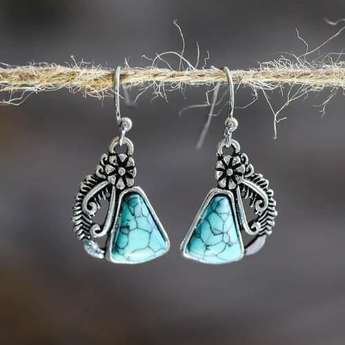 Vintage Plant Flower Leaves Drop Earrings Women Boho Ethnic Triangle White Blue Natural Stone Earring for Girl Friend Gift