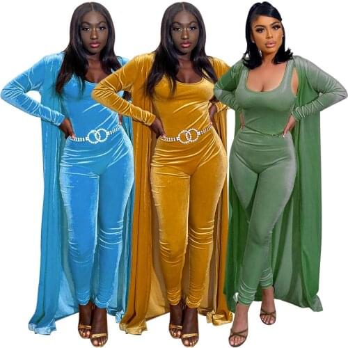 2021 Casaul Women Velvet Two Piece Set Long Coat And Jumpsuit Solid Color Trackuit Streetwear Sporty Clothes For Women Outfit