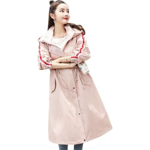 Plus Size Women Long Trench Coat Spring Autumn New Casual Fashion Loose Hooded Zipper Long-sleeve Female Windbreaker Outwear