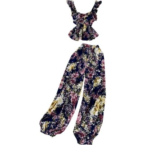 Summer Two Piece Set Women Floral Printed Elasticity Crop Top+Long Pants Suits Boho Clothing vintage 2 piece sets verano 2021