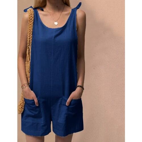 Women Solid Cotton And Linen Playsuits Jumpsuits Fashion Summer Sleeveless Backless Strap Loose Elegant Casual Pockets #T1Q